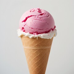 Pink soft serve ice cream in a cone on white background..