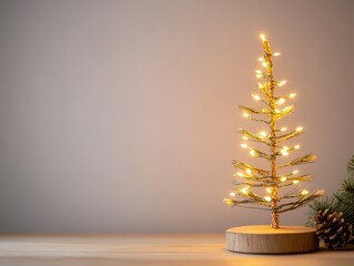 Sapin miniature en bois avec guirlandes lumineuses sur fond neutre