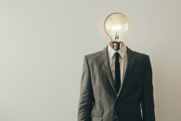 A man's head is shown with a light bulb in it. Concept of intelligence and creativity, as the light bulb represents an idea or a thought. The man's suit and tie also add to the professional