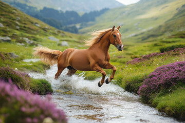 a beautiful light brown horse runs galloping across a river in a heather meadow on hills on mountains on a beautiful sunny day, wallpaper, generative AI