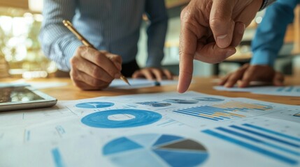 Fototapeta premium A close-up of a business team working together to discuss work. Analyzing with financial data and graphs of marketing growth reports in the team.