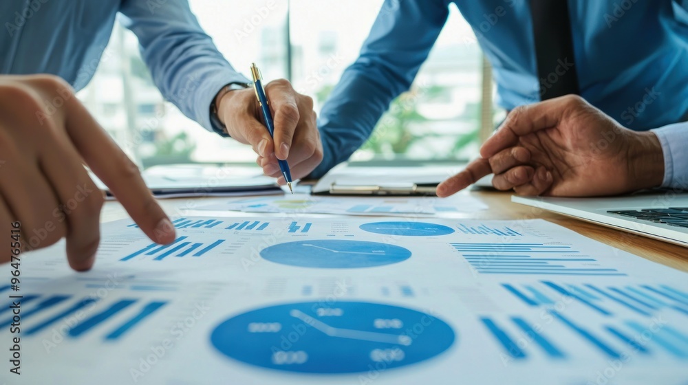 Poster a close-up of a business team working together to discuss work. analyzing with financial data and gr