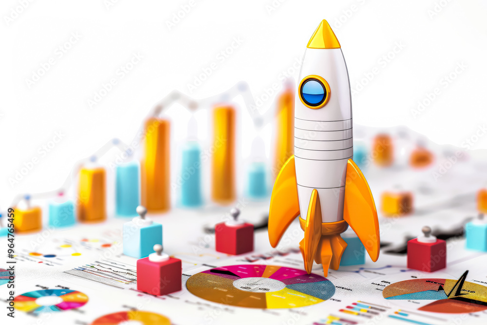 Poster a white rocket is on a graph with many different colored bars. the rocket is orange and yellow and i