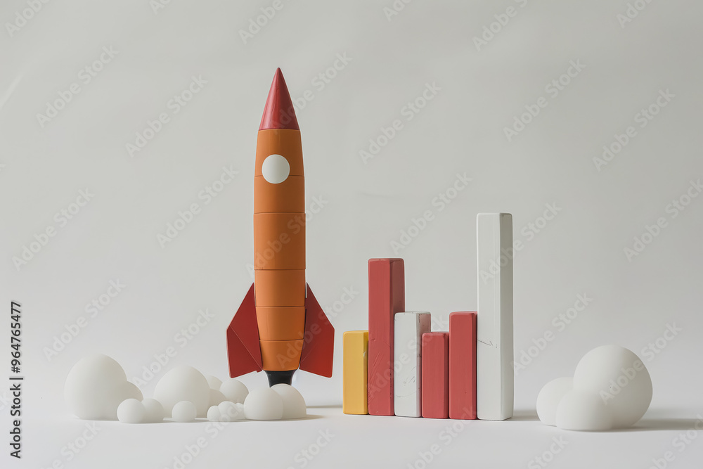 Poster a white rocket is on a graph with many different colored bars. the rocket is orange and yellow and i