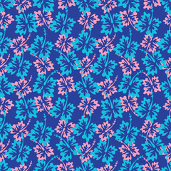 Trendy seamless vector floral pattern. Endless print made of small colorful flowers, leaves and berries. Summer and spring motifs. Dark blue background.Vector illustration.