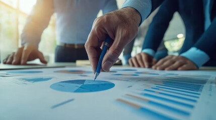 Fototapeta premium A close-up of a business team working together to discuss work. Analyzing with financial data and graphs of marketing growth reports in the team.