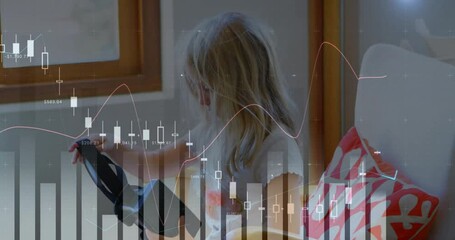 Animation of financial data processing over caucasian girl with vr headset - Powered by Adobe