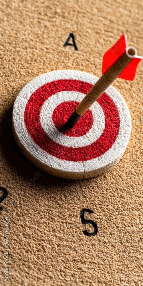 Poster a close-up image of a dart hitting the bullseye on a dartboard, symbolizing achievement and precisio