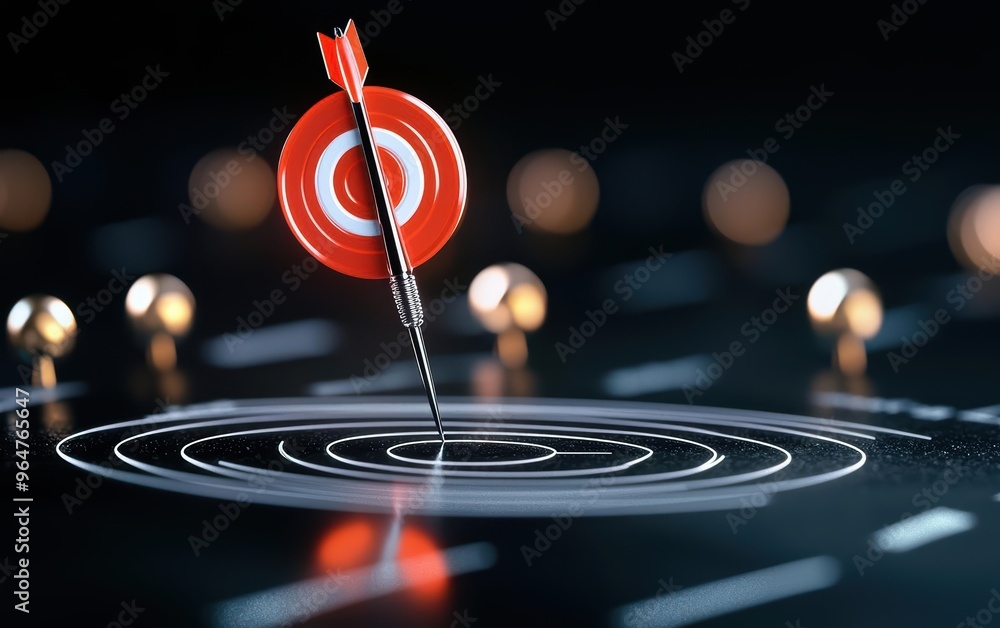 Poster a close-up of a dart hitting a target, symbolizing precision and success in goals and business strat