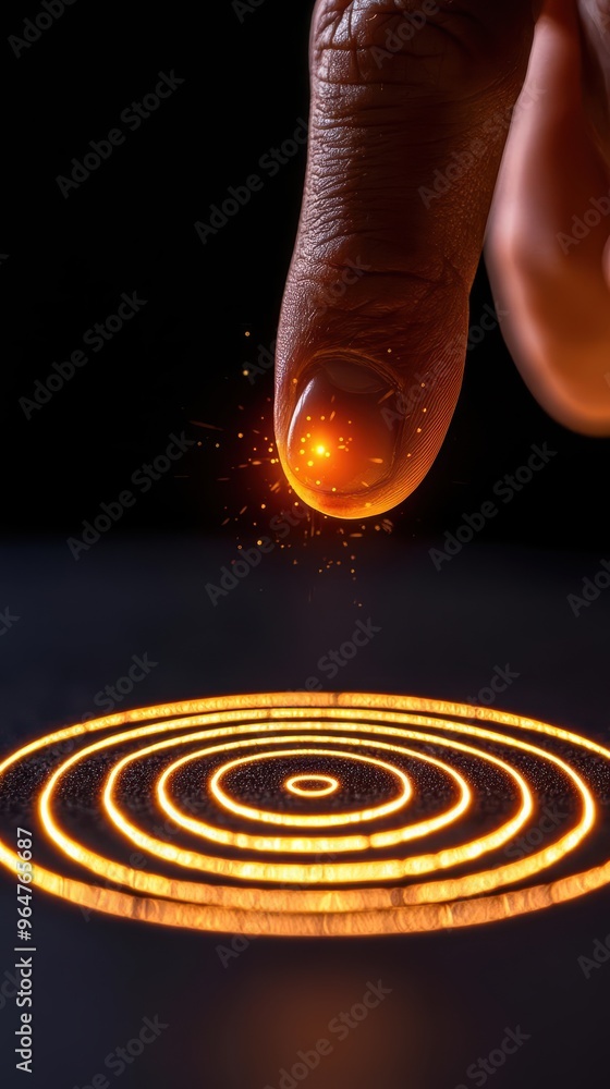 Poster a close-up of a finger interacting with glowing concentric circles, symbolizing energy and connectio