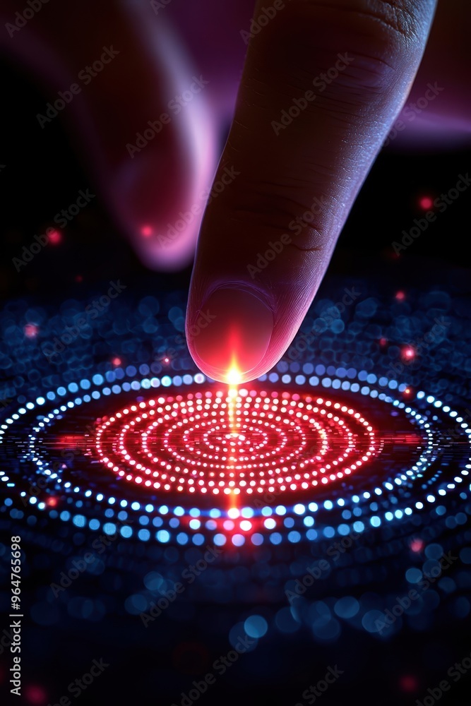 Poster a close-up of a finger touching a glowing, circular pattern on a digital surface, representing techn