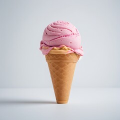 Pink soft serve ice cream in a cone on white background..