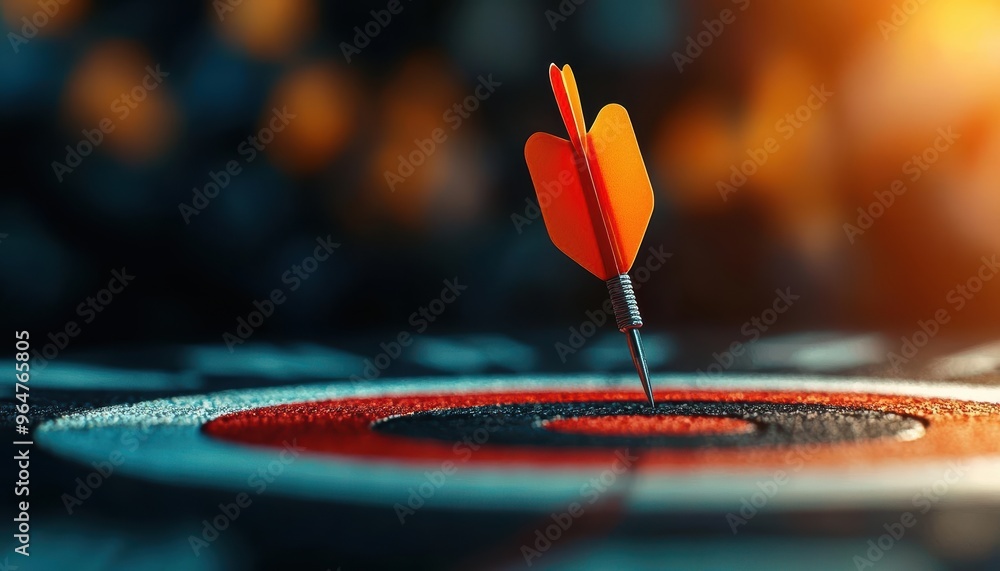 Poster a close-up view of a dart hitting the bullseye of a target, symbolizing precision and success in ach