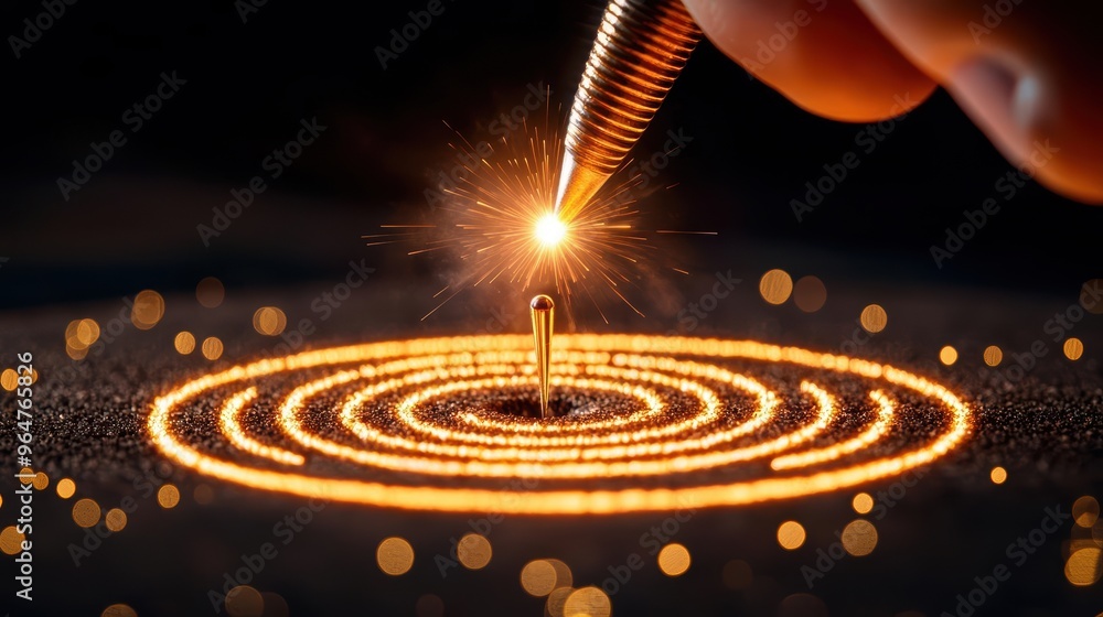 Poster a close-up view of a hand creating mesmerizing patterns in gold dust, illustrating the beauty of sci