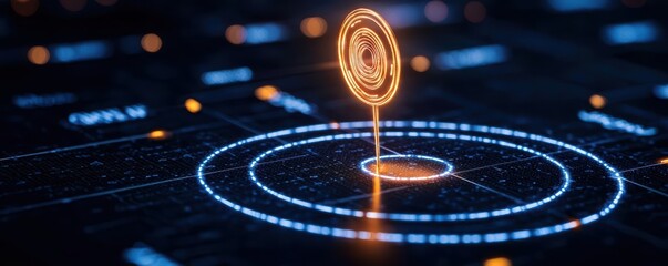 A glowing digital currency symbol marks its position on a futuristic interface, representing innovation in finance and technology.,3D