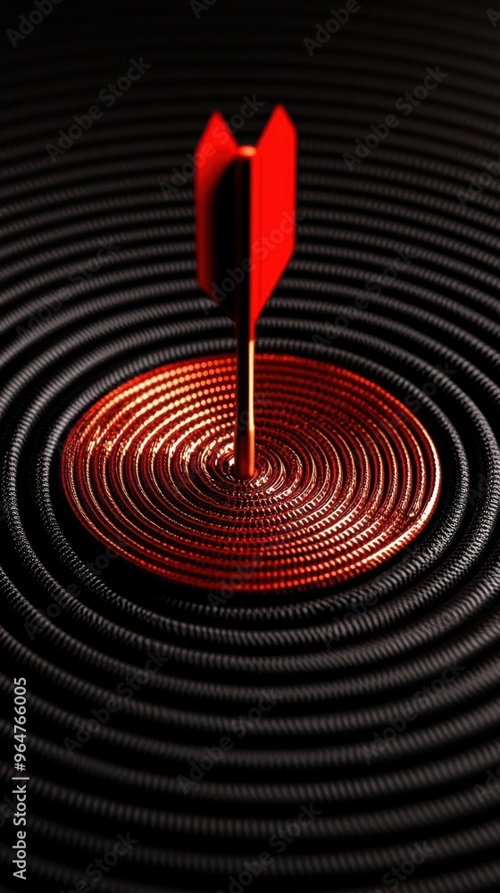 Poster a striking image of a red dart piercing the center of a rippling black surface, symbolizing focus an