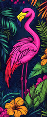 pink flamingo on a background of green monstera leaves and palm leaves, generative AI