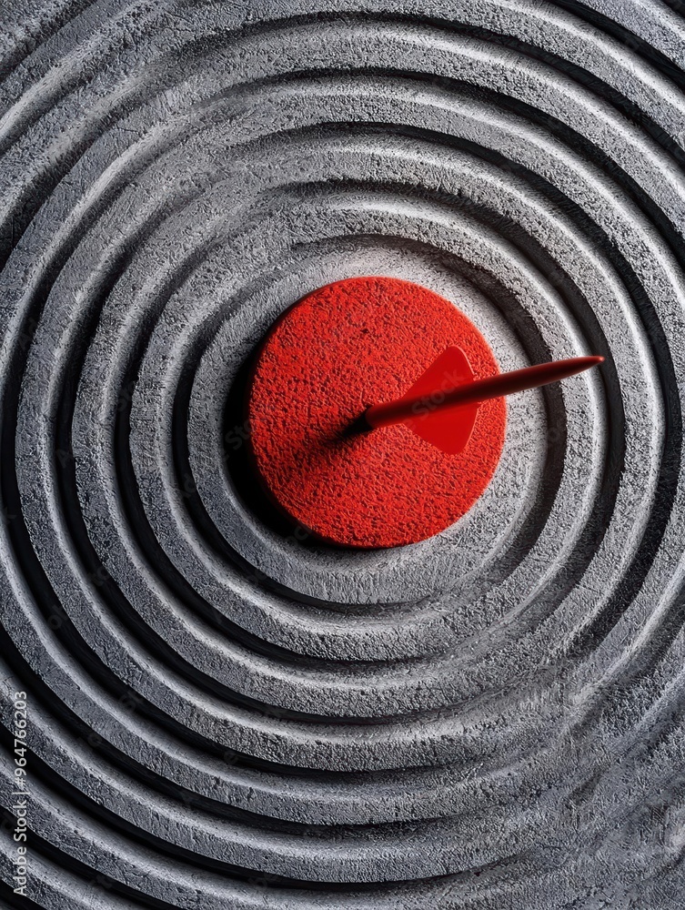 Poster abstract image featuring a red point at the center of textured concentric circles, symbolizing focus