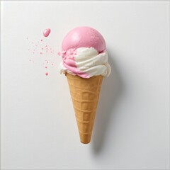 Pink soft serve ice cream in a cone on white background..