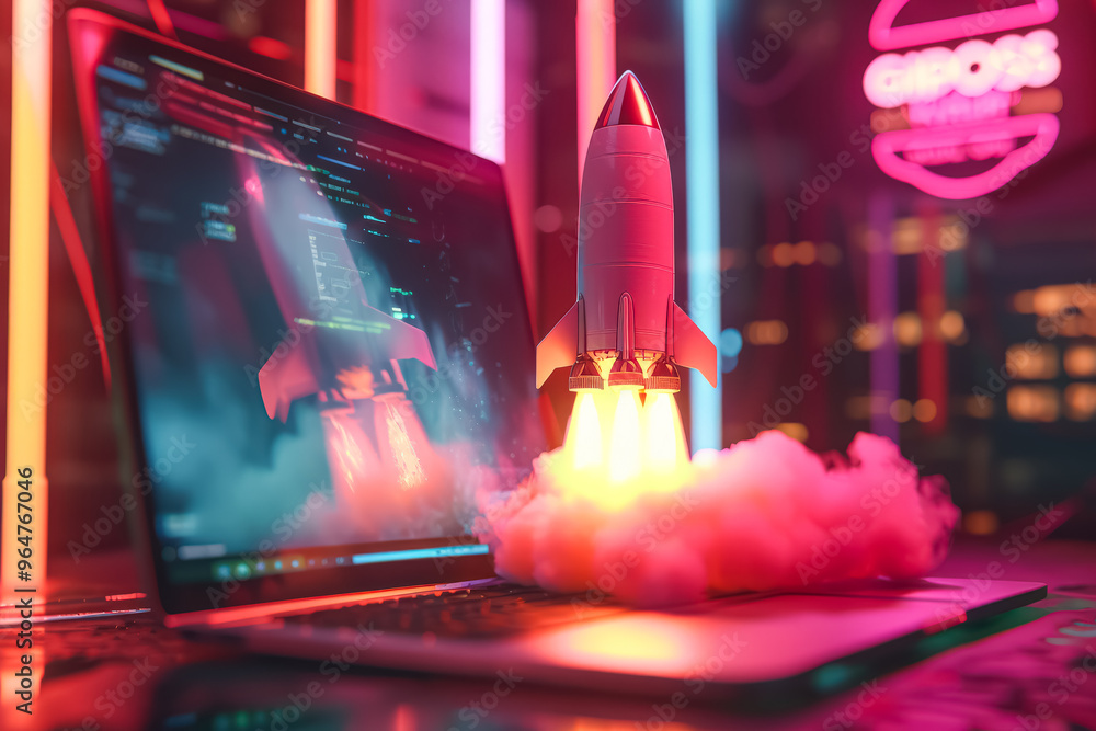 Poster a laptop screen shows a rocket launching into space. the image has a futuristic and adventurous mood