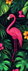pink flamingo on a background of green monstera leaves and palm leaves, generative AI