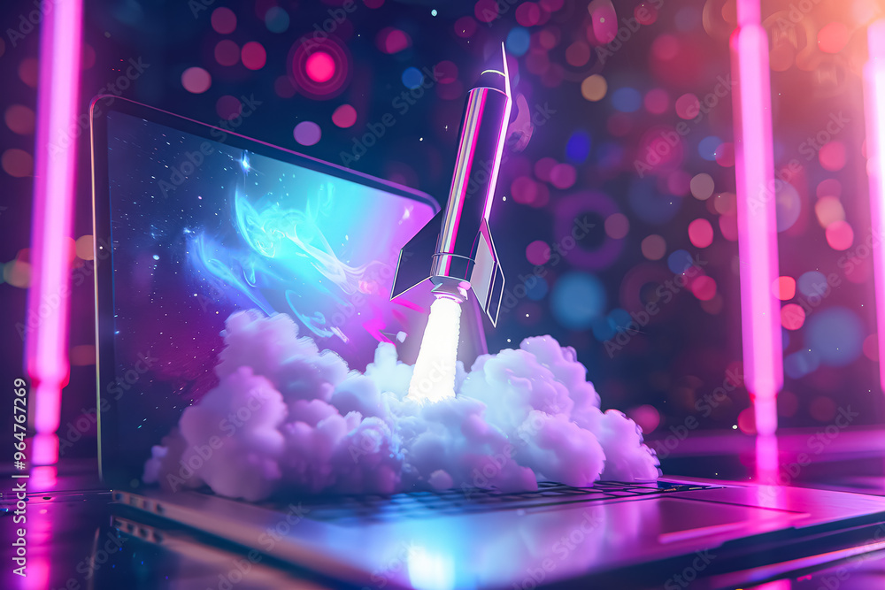 Poster a laptop screen shows a rocket launching into space. the image has a futuristic and adventurous mood