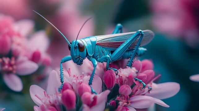 Brilliant blue grasshopper sitting atop a stunning pink flower picture