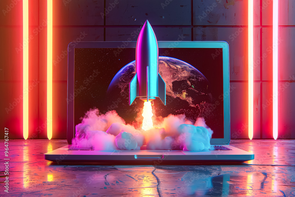 Poster a laptop screen shows a rocket launching into space. the image has a futuristic and adventurous mood