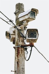 A pair of cameras mounted on a wooden pole, suitable for outdoor or rustic settings