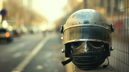 Fototapeta premium Riot Helmet: A helmet worn by bailiffs for head protection during riot control situations