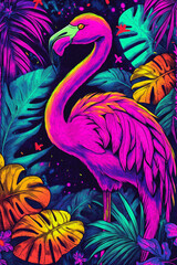 pink flamingo on a background of green monstera leaves and palm leaves, generative AI