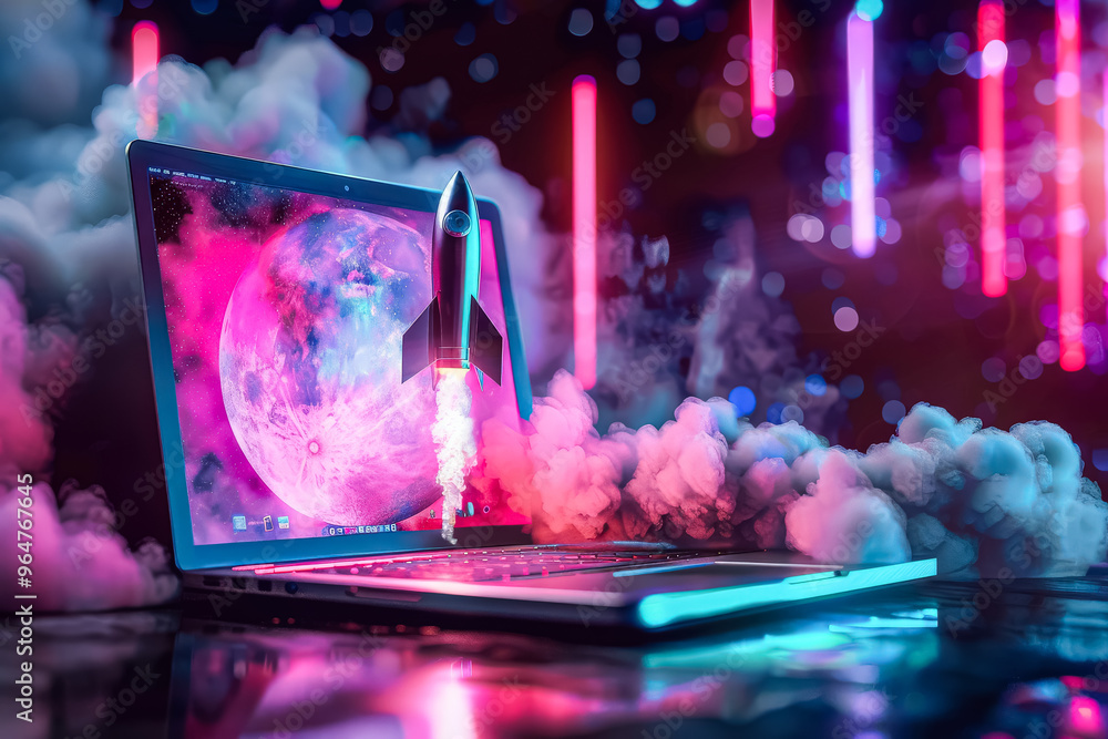 Poster a laptop screen shows a rocket launching into space. the image has a futuristic and adventurous mood