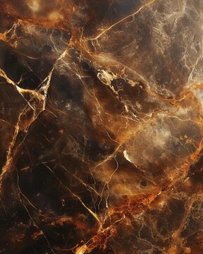Dark chocolate brown marble with intricate white and gold veins, providing a warm and luxurious background