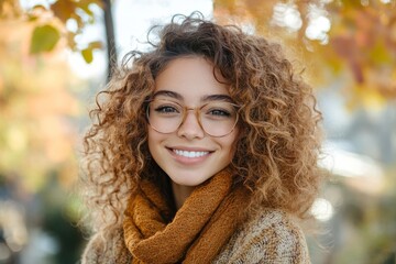 Young curly woman in eyeglasses smiling and looking at camera, Generative AI