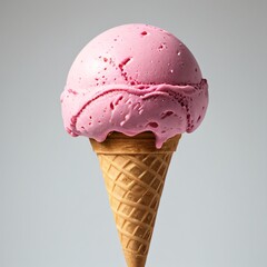 Pink soft serve ice cream in a cone on white background..