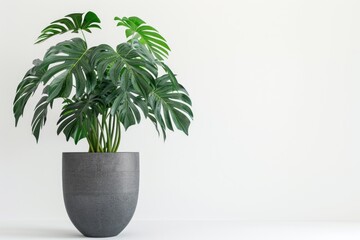 A single plant growing in a pot placed on a clean and white surface