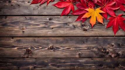 Fototapeta premium Autumn Backdrop - Wooden Table With Red Leaves and space to copy , fall season concept