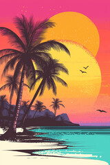 beach with palm trees by the ocean at sunset, yellow, red, pink and purple colors, generative AI