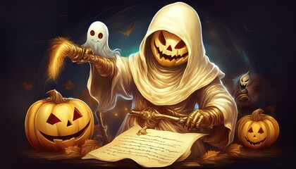 Halloween pumpkin with ghosts around