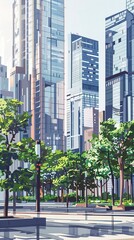 A sunlit urban scene with modern buildings and lush greenery, depicting a harmonious blend of city and nature.