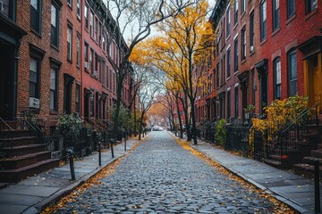 A picturesque street lined with historic brownstones, bathed in the warm glow of autumn leaves. The cobblestone path invites a leisurely stroll, promising a charming escape from the city's bustle.