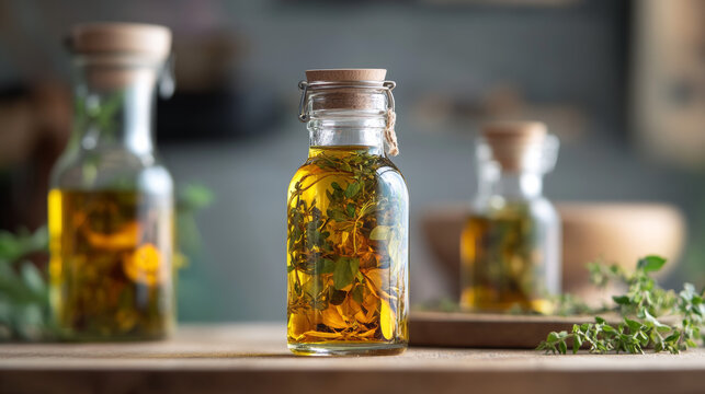 Natural hair oil made with herbs, packaged in a glass bottle.