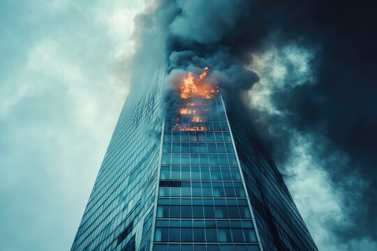 A skyscraper engulfed in flames, billowing smoke against a dramatic, stormy sky. A chilling reminder of the fragility of our structures.