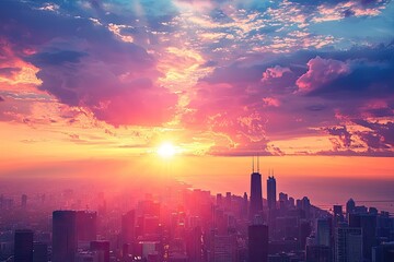 Fototapeta premium Cityscape Aglow: A Breathtaking Sunset Bathes a Skyline in Hues of Pink and Orange, Casting a Dreamy Glow on the Urban Landscape.