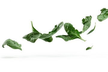 A cluster of spinach leaves lifted off the ground and floating in mid-air
