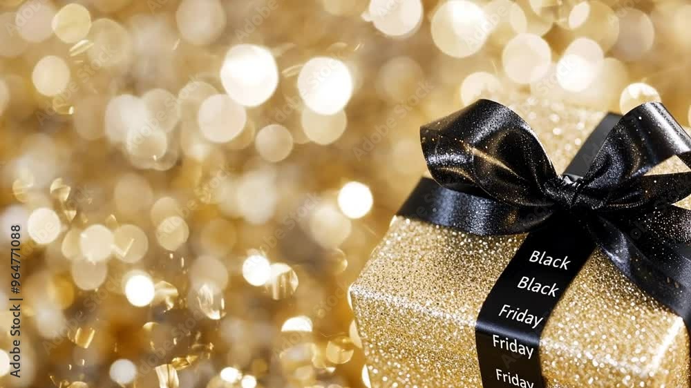 Poster gold box with black ribbon on sparkling background generative ai