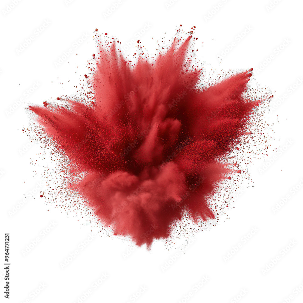 Poster a dynamic explosion of red powder, creating a vibrant cloud that captures energy and movement in art