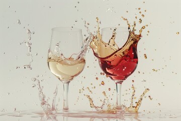 A close-up shot of two glasses of wine splashing into the water, with a splashy effect