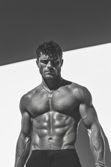 Fashion magazine concept. Portrait of handsome male model in a good physique shape wearing black pants and looking at camera. Deep graphic shadows. Studio shot