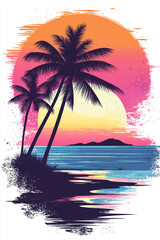 beach with palm trees by the ocean at sunset, yellow, red, pink and purple colors, generative AI